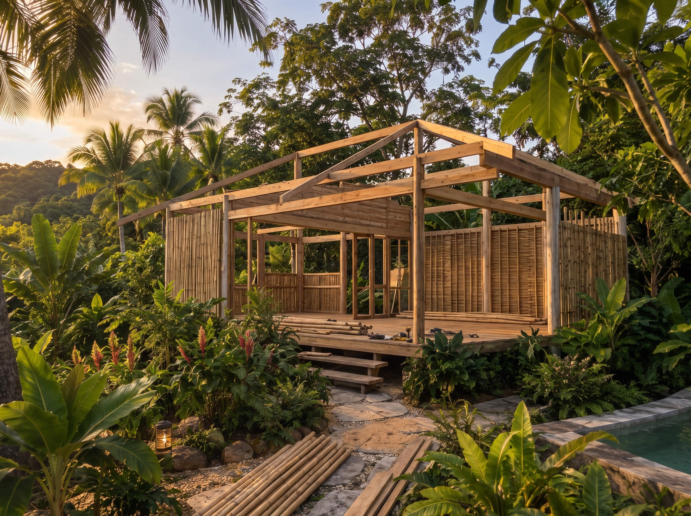 Timber structure being built among tropical vegetation