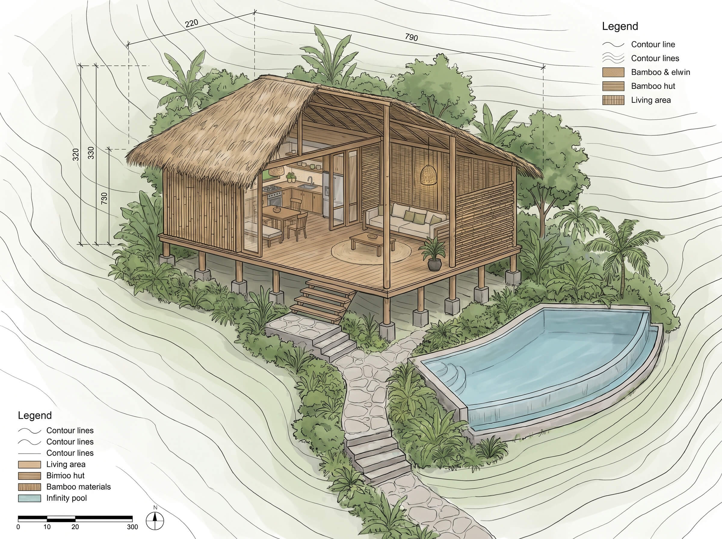 Architectural rendering of a villa designed around the terrain