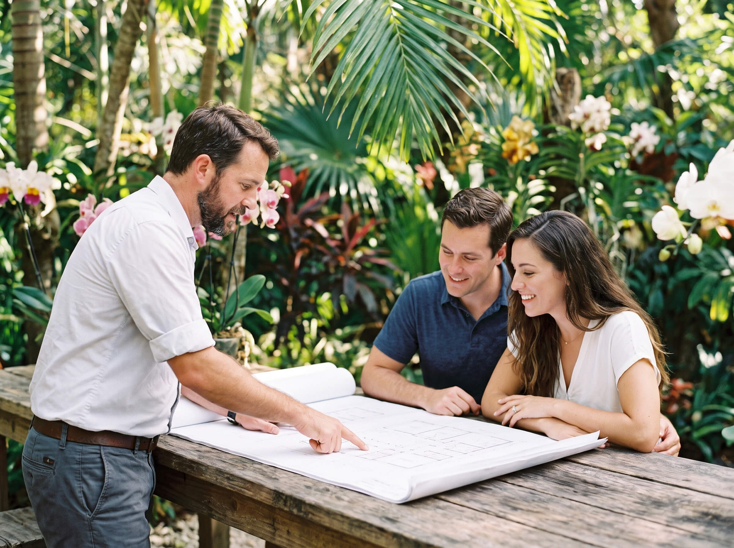 The Montserrat Reserve team reviewing plans in the garden