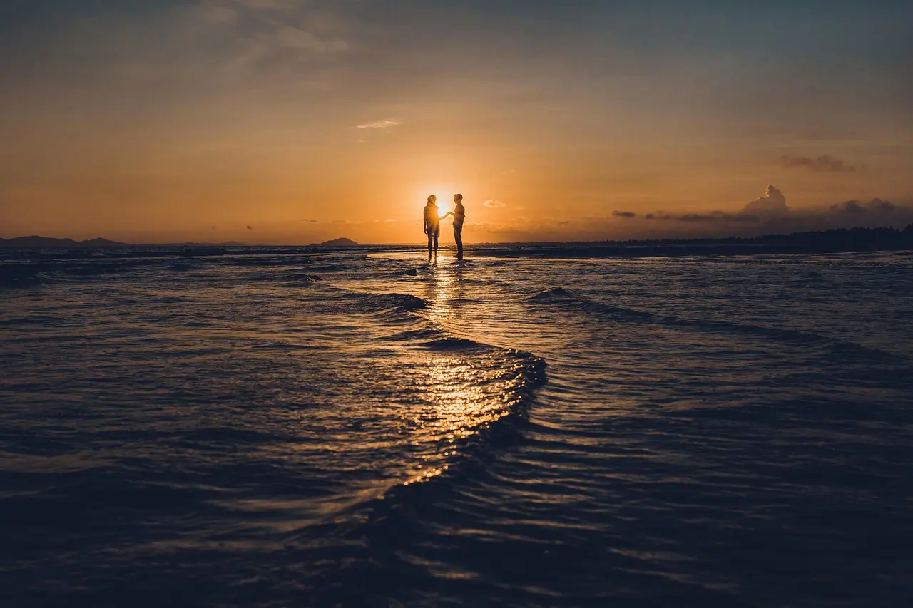 Beach, couple, sunset