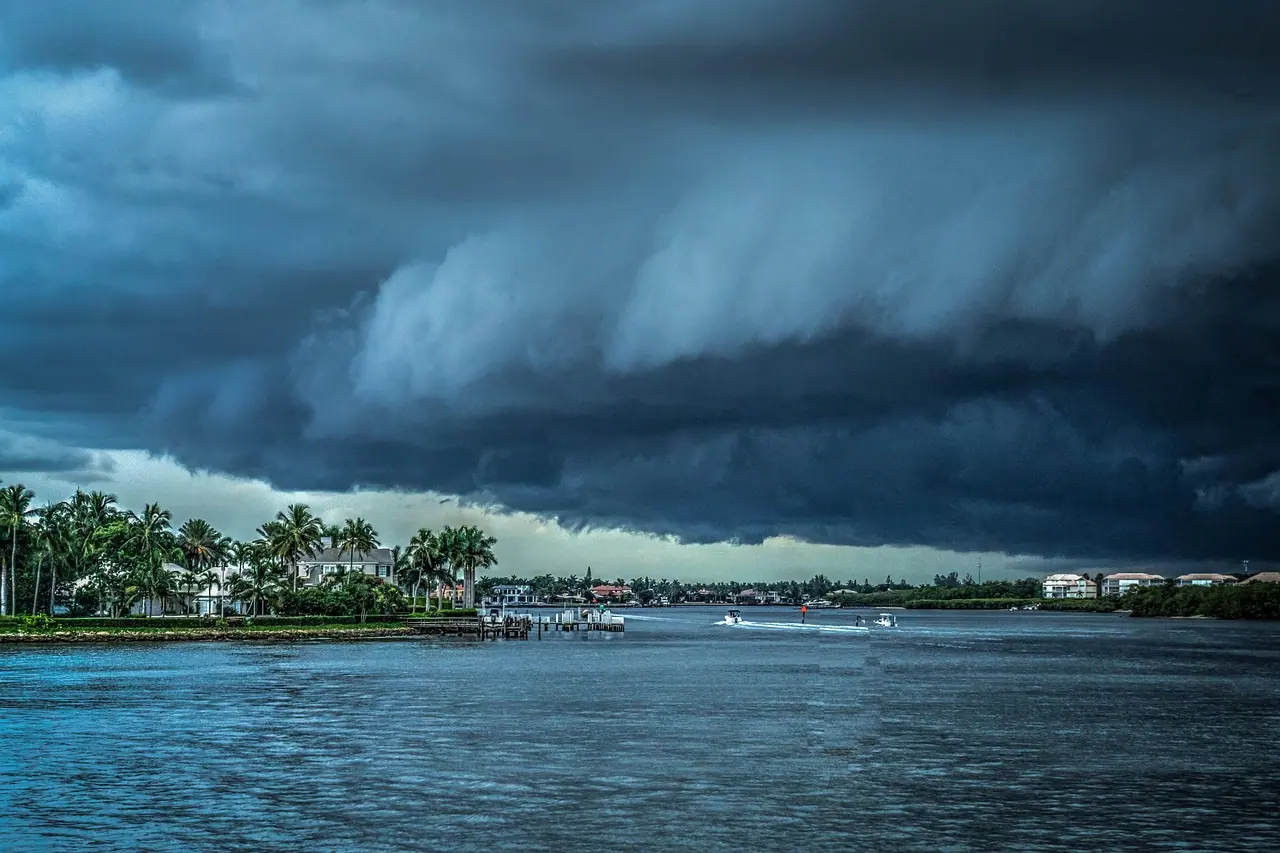 Storm clouds rolling over a palm-lined tropical coast