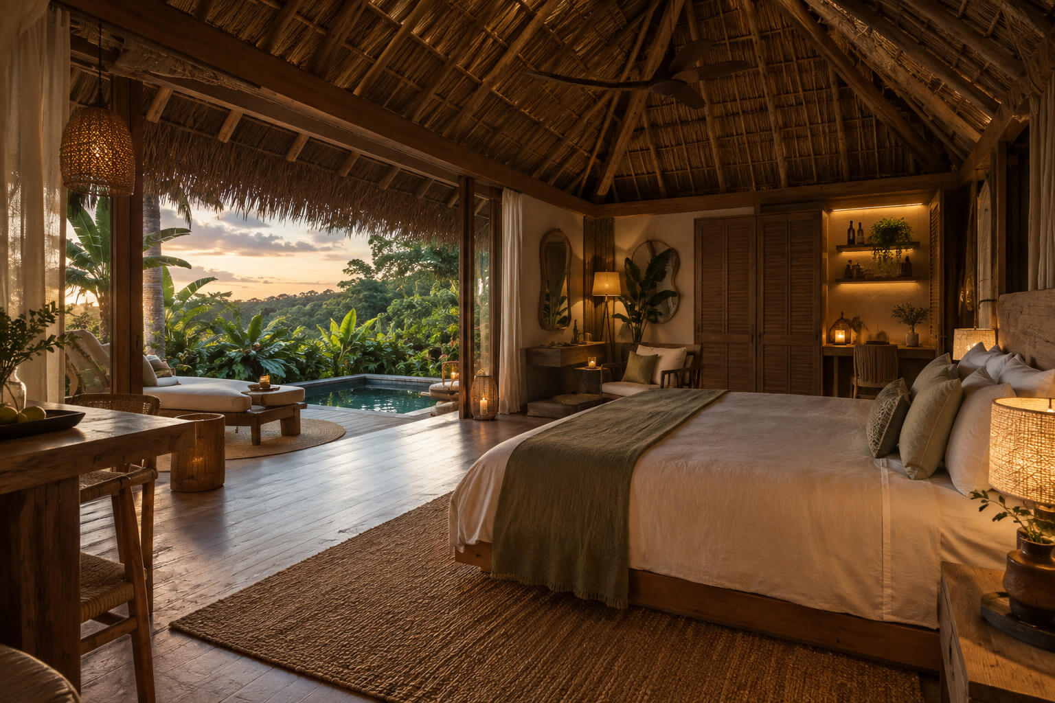 Casa interior with a thatched palapa roof, wooden floors, and a private plunge pool opening onto the jungle at sunset
