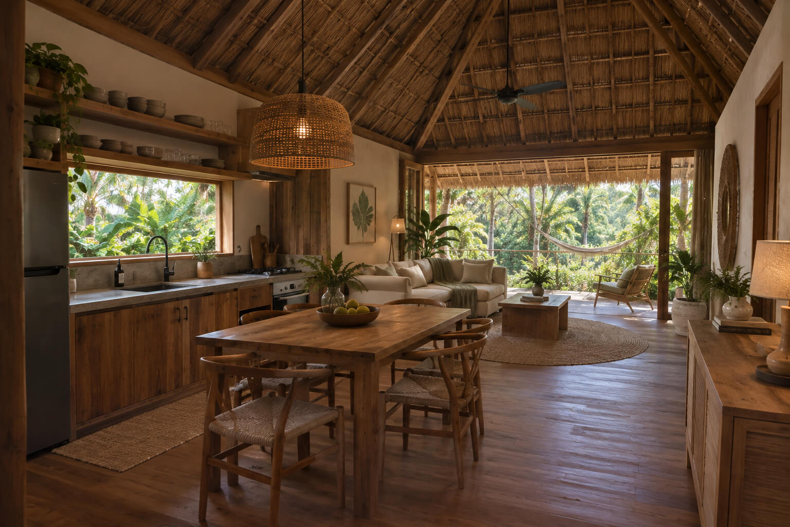 Open-air living and dining space inside a casa at Montserrat Reserve