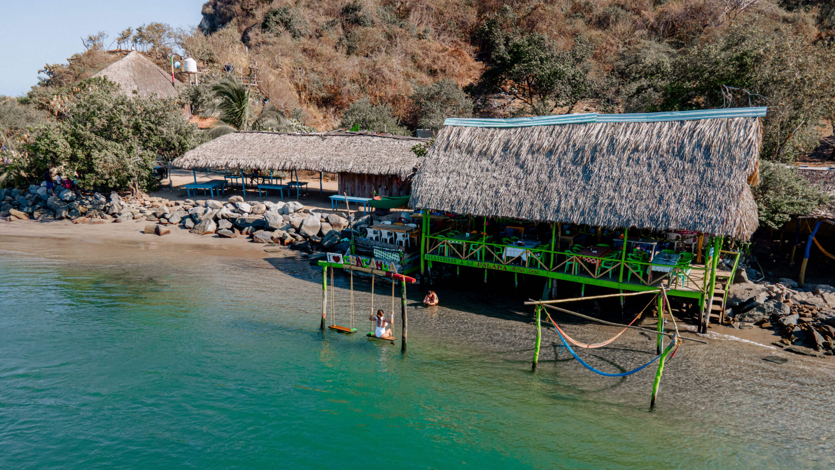 Waterside palapas at Chacahua Lagoon
